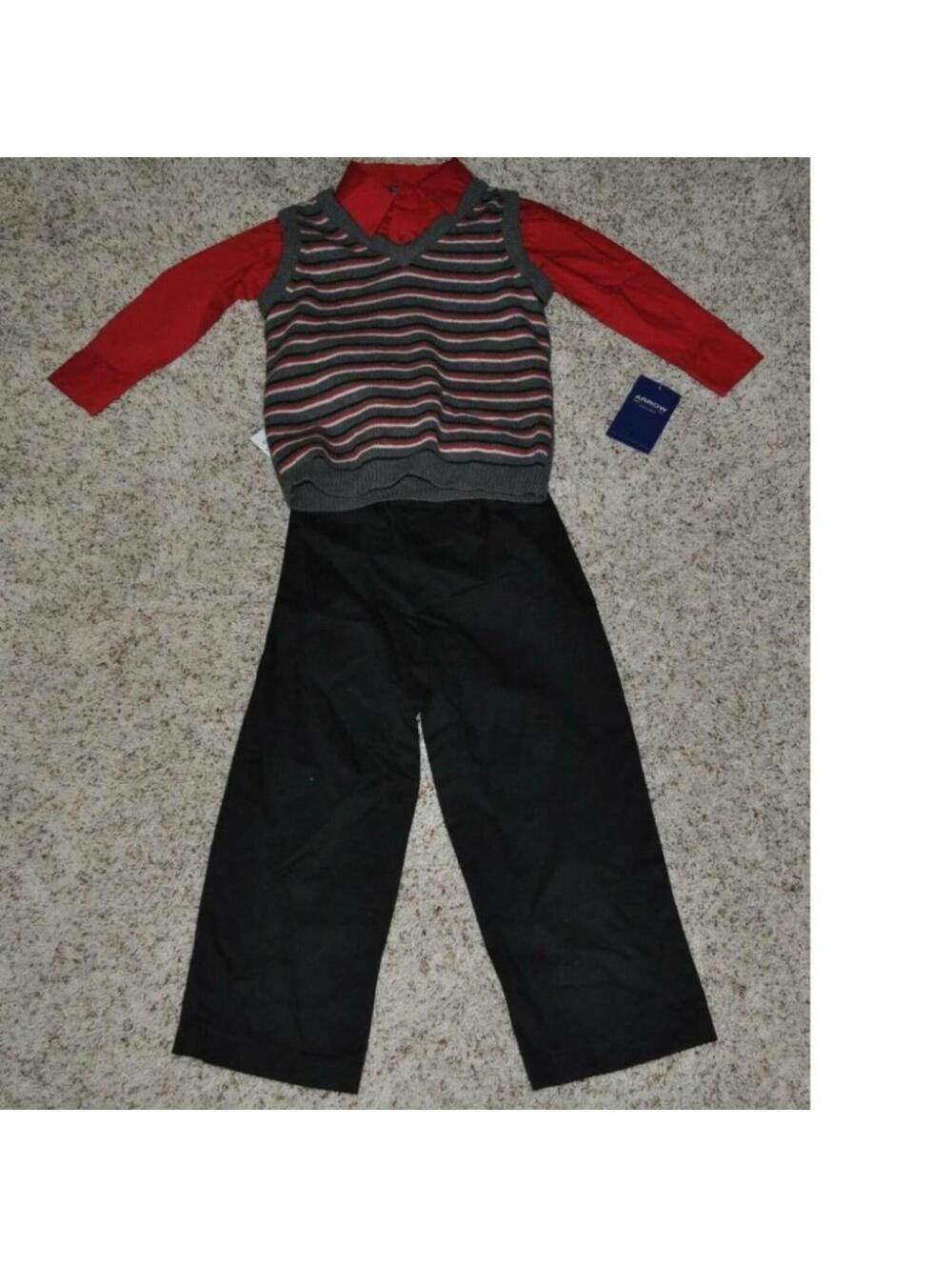 Boys Dress Outfit Arrow 6 Black Pants, Striped Sweater Vest & Red Dress Shirt